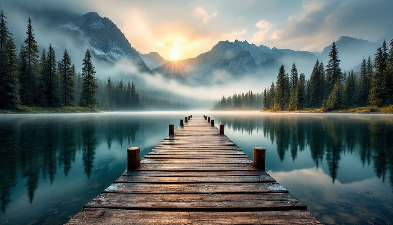 Misty mountain lake at sunrise